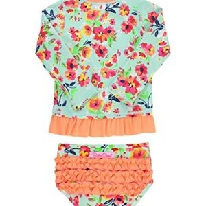 New! RUFFLE BUTTS "PAINTED FLOWERS" RUFFLED RASH GUARD SWIM SUIT 12-18 months